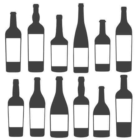 Set of vintage wine bottles with white label isolated on white background. Ready for place an ad. Vector illustration.のイラスト素材