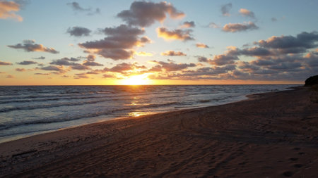Sunset on the Baltic sea. Water area of the port of Klaipeda, Lithuania.の写真素材