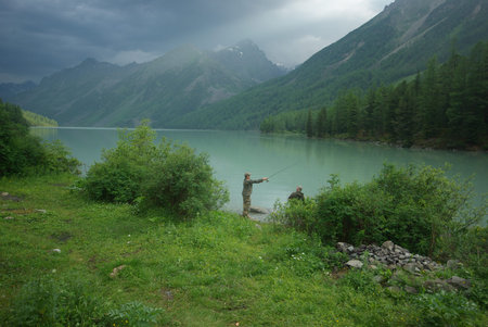 Beautiful mountain landscape near the lake. Mountain Lake. Kind of mountainous terrain and the water in the valley.の写真素材