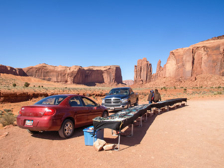 Monument Valley, Arizona, USA - May 12, 2013: Cars on the background Monument Valley.のeditorial素材