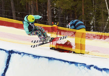 Skiing. Training ride on skis. Winter sport.のeditorial素材