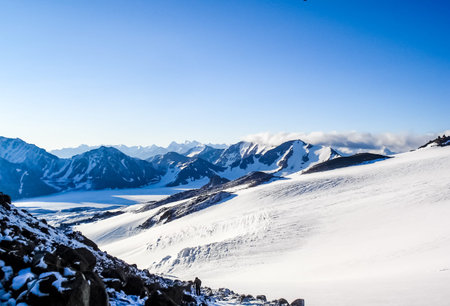 Mountain landscape with snow. Snow in the mountains. Mountain landscape.