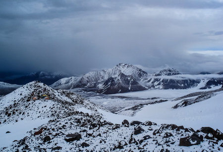 Mountain landscape with snow. Snow in the mountains. Mountain landscape.