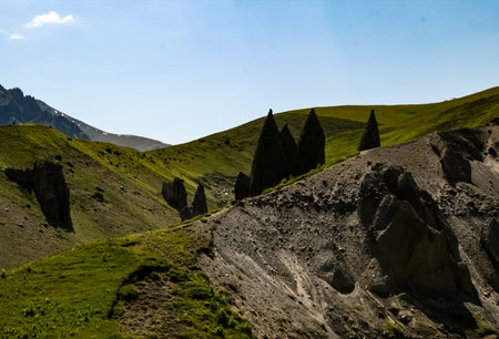 Mountain landscape with grass in the hills. Mountain landscape. Mountain vegetation.