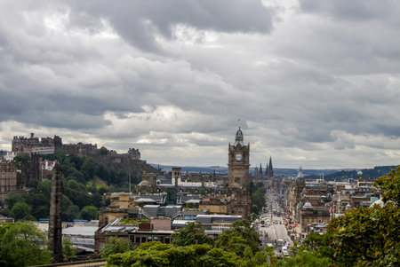 Edinburgh, Scotland, UK - June 29, 2011: Palaces and castles of Edinburgh, the capital of Scotland. Old city. Streets and buildings of Edinburgh.のeditorial素材