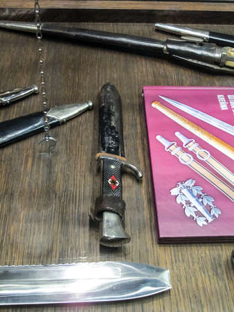 St Petersburg, Russia - June 14, 2018: Museum of Blade Weapons. Exhibits of swords, swords and daggers. Swords, machetes and other cold steel.のeditorial素材