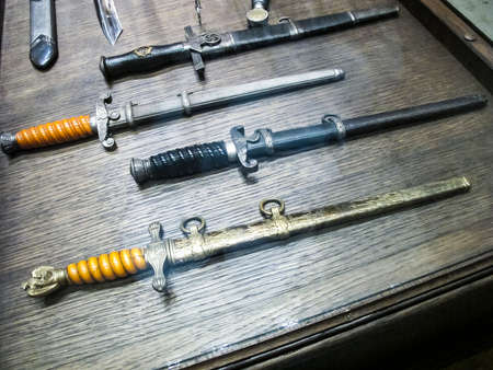 St Petersburg, Russia - June 14, 2018: Museum of Blade Weapons. Exhibits of swords, swords and daggers. Swords, machetes and other cold steel.のeditorial素材