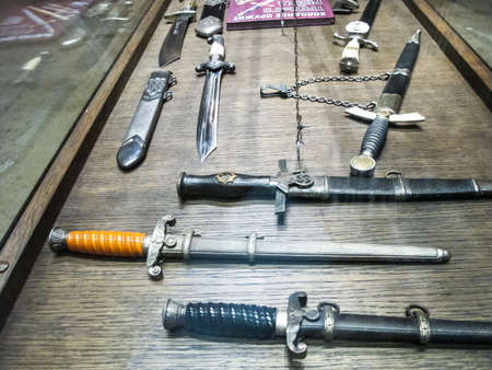 St Petersburg, Russia - June 14, 2018: Museum of Blade Weapons. Exhibits of swords, swords and daggers. Swords, machetes and other cold steel.のeditorial素材