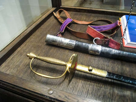 St Petersburg, Russia - June 14, 2018: Museum of Blade Weapons. Exhibits of swords, swords and daggers. Swords, machetes and other cold steel.のeditorial素材