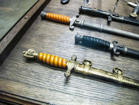 St Petersburg, Russia - June 14, 2018: Museum of Blade Weapons. Exhibits of swords, swords and daggers. Swords, machetes and other cold steel.のeditorial素材