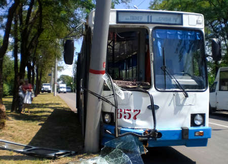 Kharkov, Ukraine - June 14, 2010: The accident with the bus, Consequences of a car accident, a wrecked car. Road traffic accidentのeditorial素材