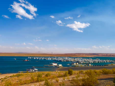 Lake Powell is based on Colorado River with a great view on the canyoon. Beautiful canyon and lonely rocks on the Lake Powell, Utah.の写真素材