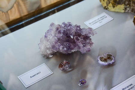 Geological Museum named after Vernadsky, Moscow, Russia - June 11, 2018: Exhibits of the Museum named after Vernadsky in Moscow, Minerals on display at the museumのeditorial素材