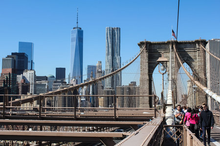 New York, USA - August 12, 2016: Brooklyn Bridge in New York. Sights, buildings and streets of New...