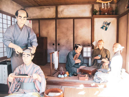 NOBORIBETSU, JAPAN - JUNE 23, 2015: Samurai village in Japan, Museum ethnic village in the style of ancient Japan, ancient buildings and objects of Japanese culture.のeditorial素材