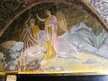 Jerusalem, Israel - May 23, 2013: The city of Jerusalem, the interiors of Christian churches. The interior of buildings, frescoes and decorative elements.のeditorial素材