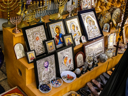 Jerusalem, Israel - May 23, 2013: The city of Jerusalem, church benches selling icons and religious...