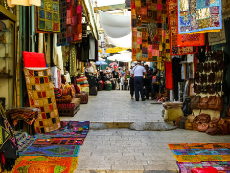 Jerusalem, Israel - May 23, 2013: City of Jerusalem, Jerusalem Market food and rag shops