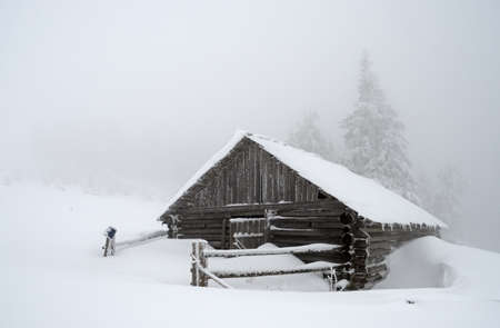 Beautiful winter landscape with snow covered house and fog in Carpathians, Ukraineのeditorial素材