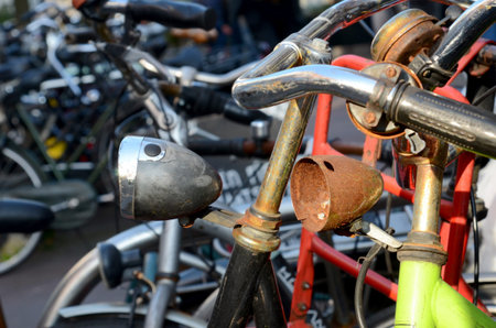 Fragments of old bicycles in Amsterdam, close up