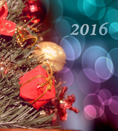 Christmas motive with gift for spruce branch (2016, New Year card - concept).の写真素材