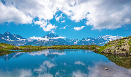 Fantastic landscape with lake on the background of Mont Blanc, French Alps, Europe. (Harmony,...