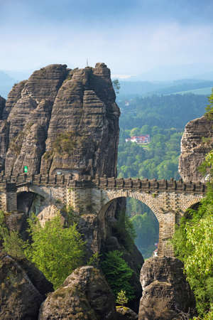Mystical landscape with rocks near Rathen, Germany, Europe (Sachsische Schweiz)の写真素材