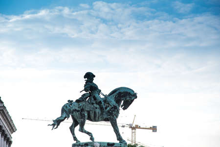 Monument to Prince Riding on the terrace of the Royal Palace in Budapest, Hungary, Europe against a background of sky and craneの写真素材