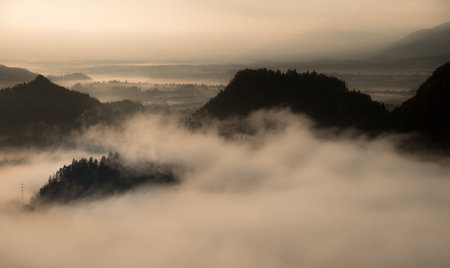 mystical landscape with fog in the valley in the mountains