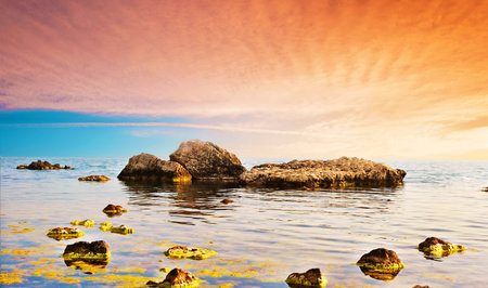 A magical landscape with stones and moss in the sea at dawn in the Crimea, Ukraine, Europe.