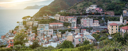 Beautiful panoramic view of Riomaggiore in Cinque Terre, Liguria, Italy, Europe.