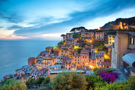 fabulous romantic landscape in Riomaggiore on the evening in Cinque Terre, Liguria, Italy, Europe.の写真素材