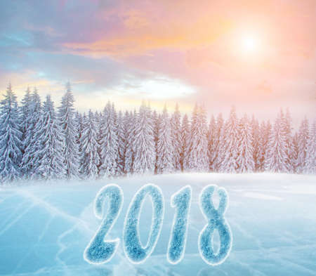 A beautiful winter landscape with a lake lying on the ice and snow-covered fir-trees at sunset and the New Year's logo of 2018.の写真素材
