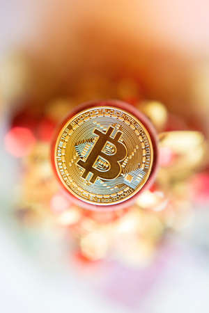 Bitcoins on a bright colored background (stock exchange, investment, training, seminar - concept)の写真素材