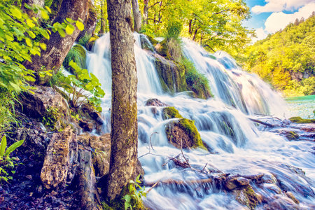 Incredibly beautiful fabulous magical landscape with a waterfall in Plitvice, Croatia (harmony...