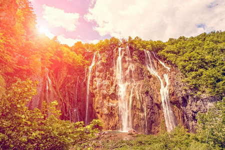 Incredibly beautiful fabulous magical landscape with a waterfall in Plitvice, Croatia (harmony meditation, antistress - concept)の写真素材