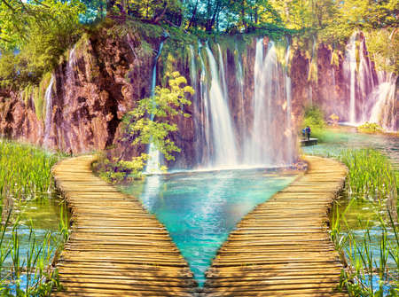 Incredibly beautiful fabulous magical landscape with a waterfall in Plitvice, Croatia (harmony meditation, antistress - concept)の写真素材