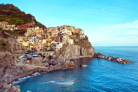  Beautiful colorful summer landscape on the coast of Manarola in Cinque Terre, Liguria, Italy,...