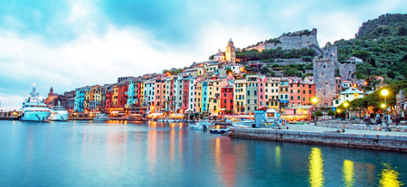 Mystic landscape of the harbor with colorful houses and the boats in Porto Venero, Italy, Liguria in...