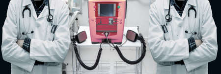 Abstract image with resuscitators with statostcope and diffibrillator (death, serious illness, cancer, suicide, depression - concept)の写真素材