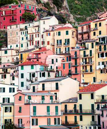 Beautiful texture of colored houses in ManarolÐ°, Cinque Terre, Liguria, Italy, Europe