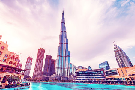 Dubai, United Arab Emirates â February 7, 2021: beautiful dramatic breathtaking view of the Burj Khalifa and Dubai Mall on a background of clouds.のeditorial素材