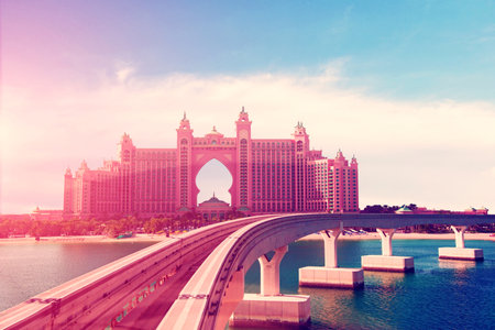 Dubai, United Arab Emirates â February 6, 2021: The famous hotel Atlantis The Palm and the monorail in the middle of the sea that leads to it.のeditorial素材