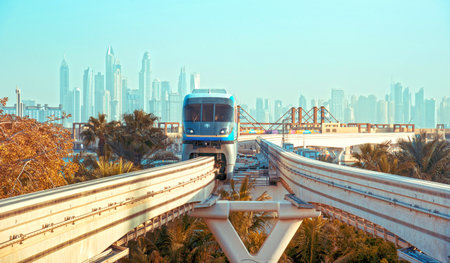 Monorail locomotive in Dubai on a background of skyscrapers. retro style.のeditorial素材