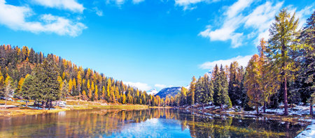 Fantastic autumn landscape with a light crust on the surface of the pondbig stone and yellow larch...