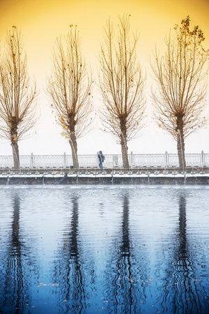 Mystical spooky depressing autumn landscape with a lonely silhouette of a passerby on a background of fog over the lake. (Autumn depression, sadness, psychotherapy - concept)の写真素材