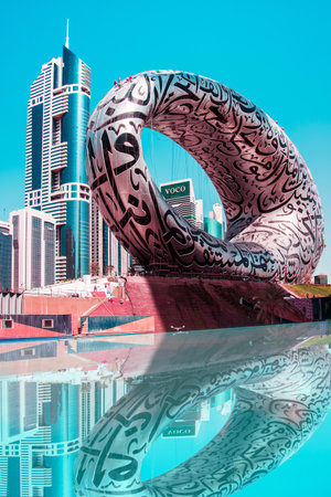 Dubai, United Arab Emirates â February 13, 2021: The Museum of the Future with Arabic poetry on the facade.のeditorial素材