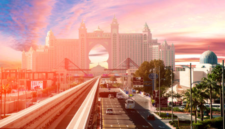 Dubai, United Arab Emirates â February 6, 2021: The famous hotel Atlantis The Palm and the monorail.のeditorial素材