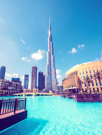 Dubai, United Arab Emirates â February 7, 2021: beautiful dramatic breathtaking view of the Burj Khalifa on a background of clouds. Burj Khalifa Lake and Dubai Mall.のeditorial素材