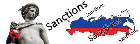 abstract background with statue of god Hermes (Mercury), patron of business, commerce. (Sanctions for Russia, economic crisis â concept)の写真素材